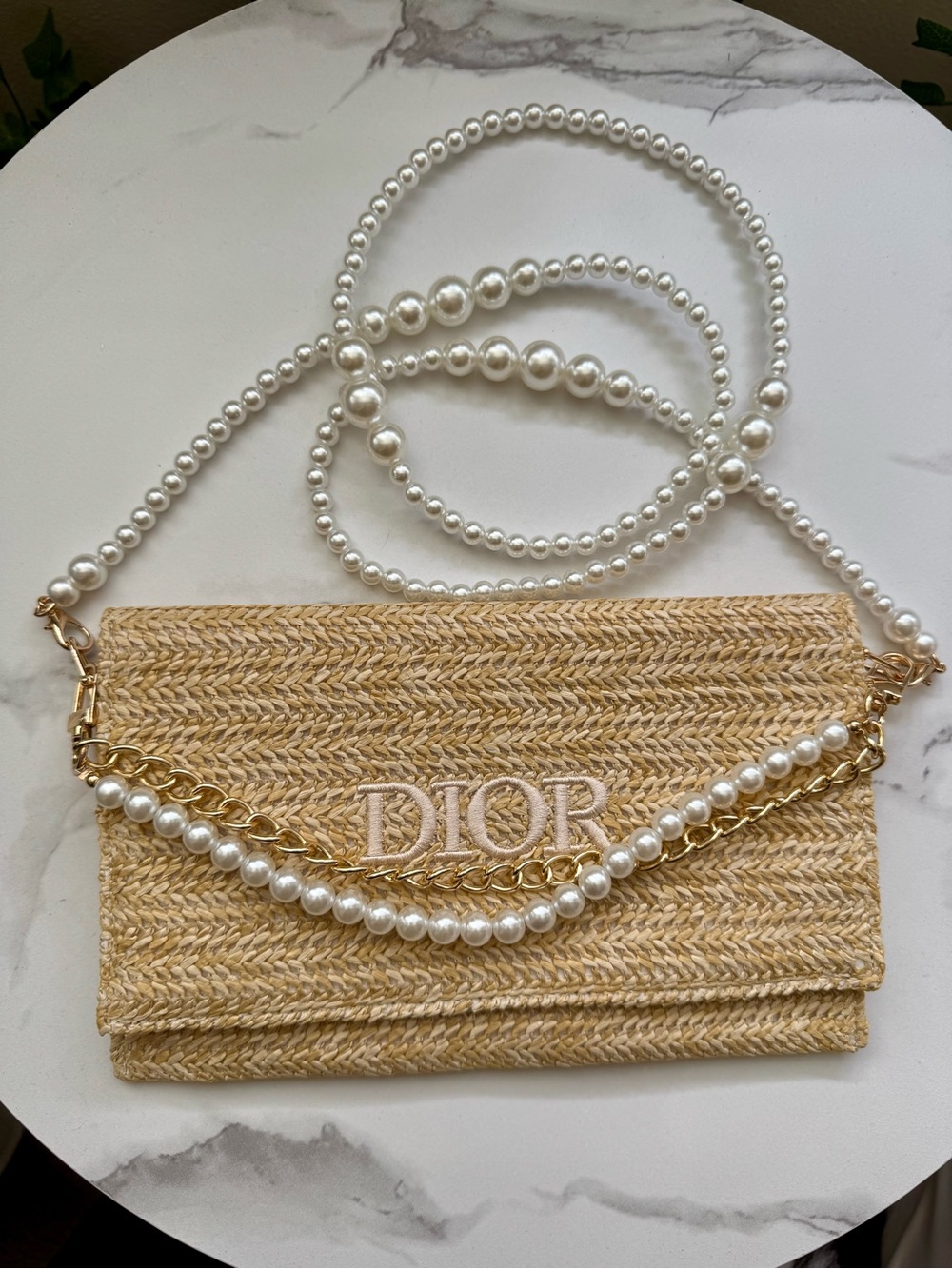 DIOR raffia Clutch pouch with Pearl & Gold Chain - Natural